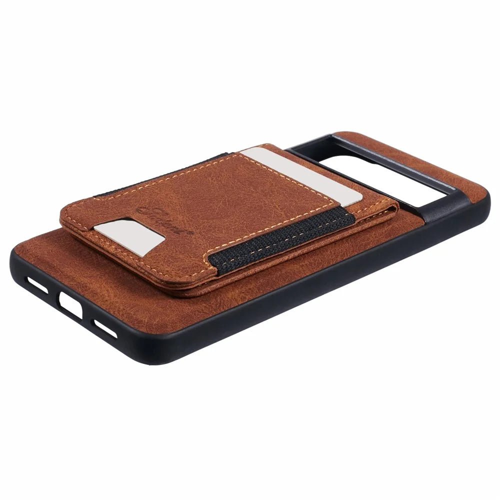 SUTENI H17 For Google Pixel 8 Pro Magnetic Case Card Slots PU+TPU Kickstand Phone Cover - Khaki - 7