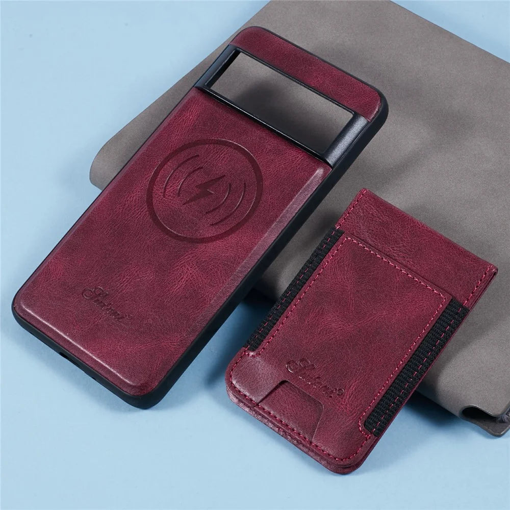 SUTENI H17 For Google Pixel 8 Pro Magnetic Case Card Holder Kickstand Phone Cover - Red - 7