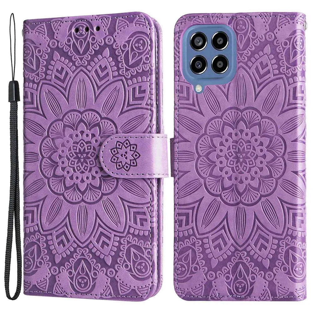 For Samsung Galaxy M33 5G (Global Version) Shockproof PU Leather Phone Case Magnetic Closure Sunflower Imprinted Stand Flip Wallet Cover with Strap - Purple - 1