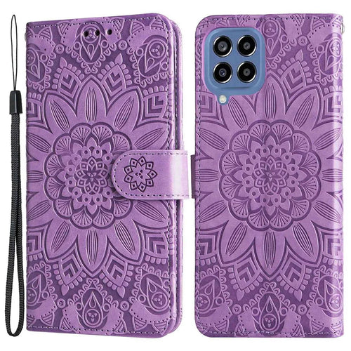 For Samsung Galaxy M33 5G (Global Version) Shockproof PU Leather Phone Case Magnetic Closure Sunflower Imprinted Stand Flip Wallet Cover with Strap - Purple - 1