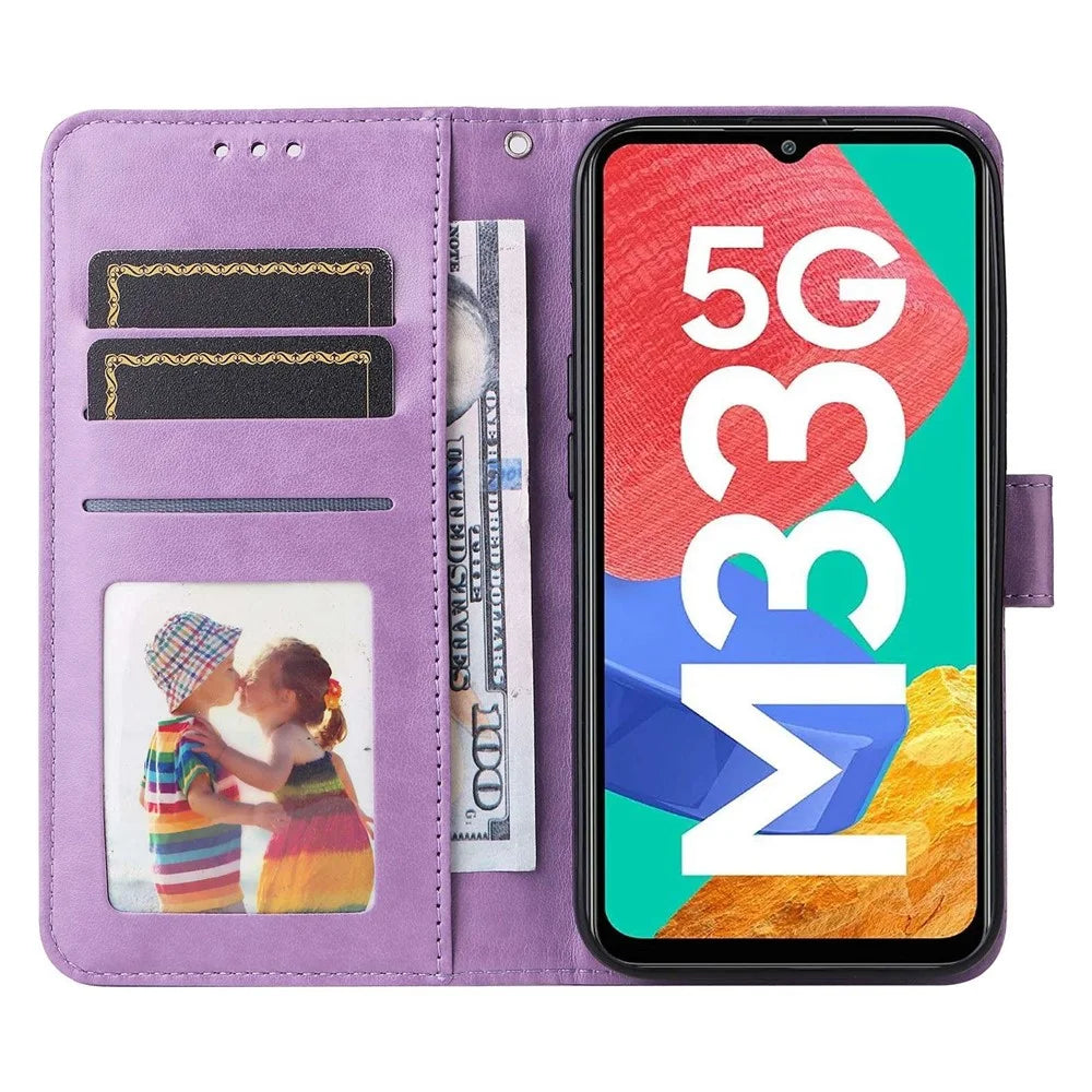 For Samsung Galaxy M33 5G (Global Version) Shockproof PU Leather Phone Case Magnetic Closure Sunflower Imprinted Stand Flip Wallet Cover with Strap - Purple - 2