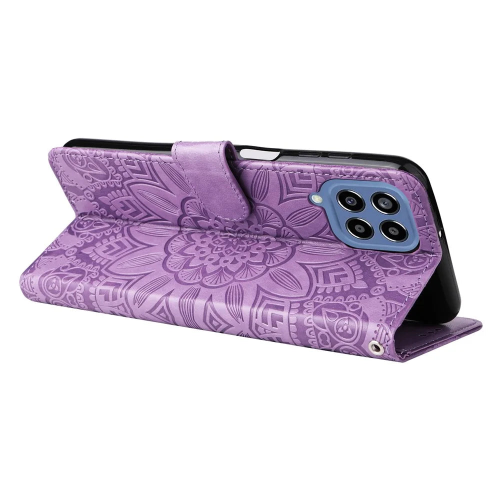 For Samsung Galaxy M33 5G (Global Version) Shockproof PU Leather Phone Case Magnetic Closure Sunflower Imprinted Stand Flip Wallet Cover with Strap - Purple - 3