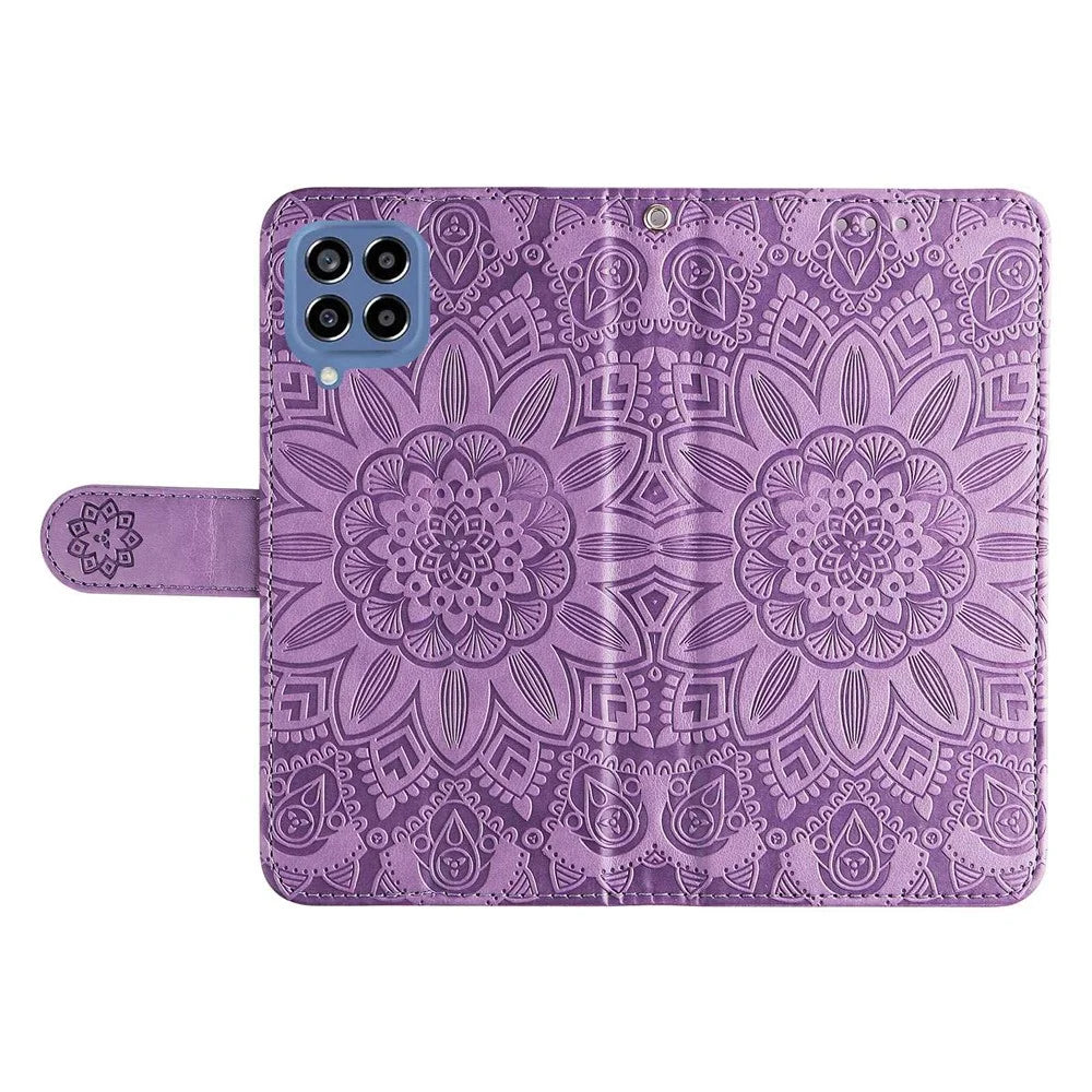 For Samsung Galaxy M33 5G (Global Version) Shockproof PU Leather Phone Case Magnetic Closure Sunflower Imprinted Stand Flip Wallet Cover with Strap - Purple - 5