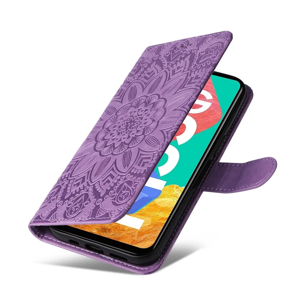 For Samsung Galaxy M33 5G (Global Version) Shockproof PU Leather Phone Case Magnetic Closure Sunflower Imprinted Stand Flip Wallet Cover with Strap - Purple - 7