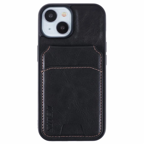 SUTENI H02 For iPhone 15 Case Waxy Texture Leather+TPU Card Slots Kickstand Phone Cover - Black - 1