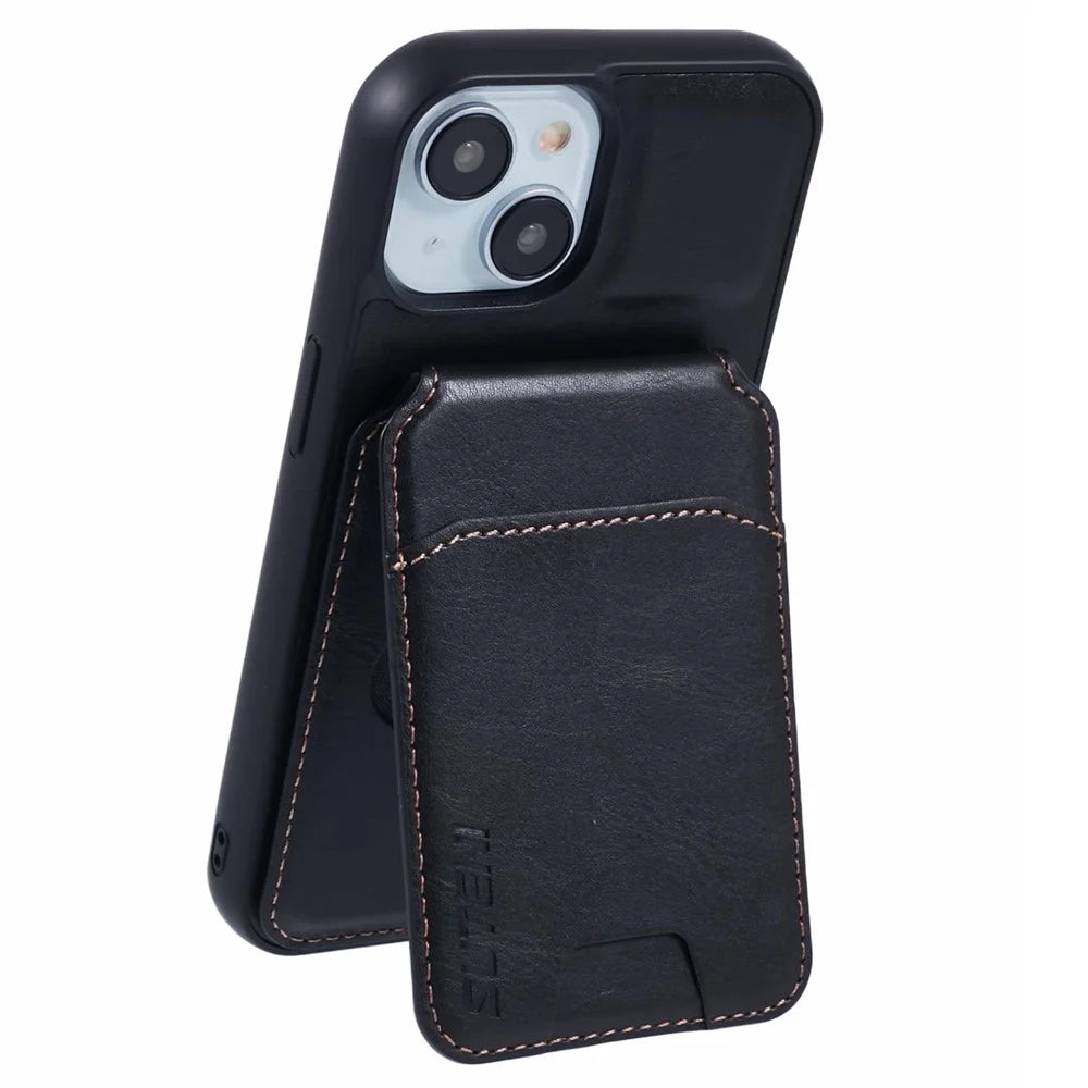 SUTENI H02 For iPhone 15 Case Waxy Texture Leather+TPU Card Slots Kickstand Phone Cover - Black - 2