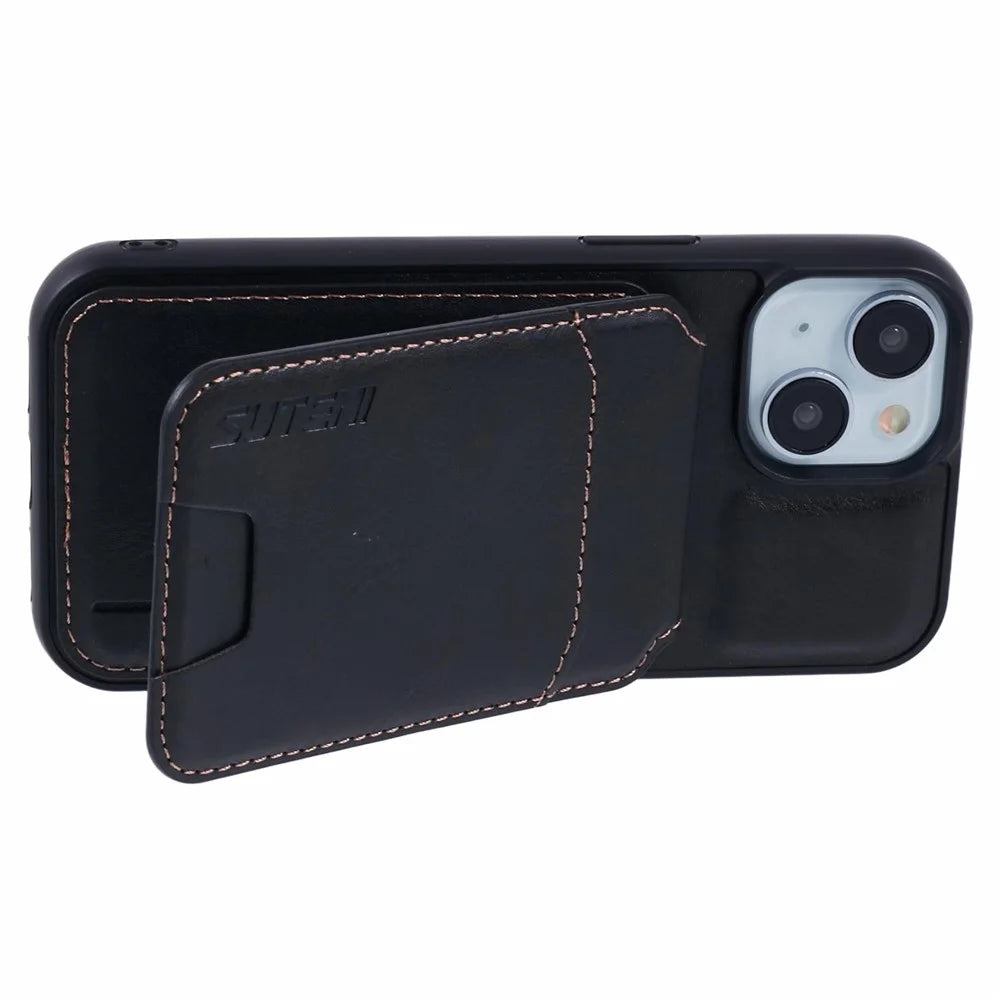 SUTENI H02 For iPhone 15 Case Waxy Texture Leather+TPU Card Slots Kickstand Phone Cover - Black - 3