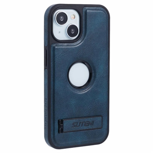 SUTENI G2 For iPhone 14 Magnetic Case Leather Phone Back Cover Waxy Texture Kickstand - Blue - 1