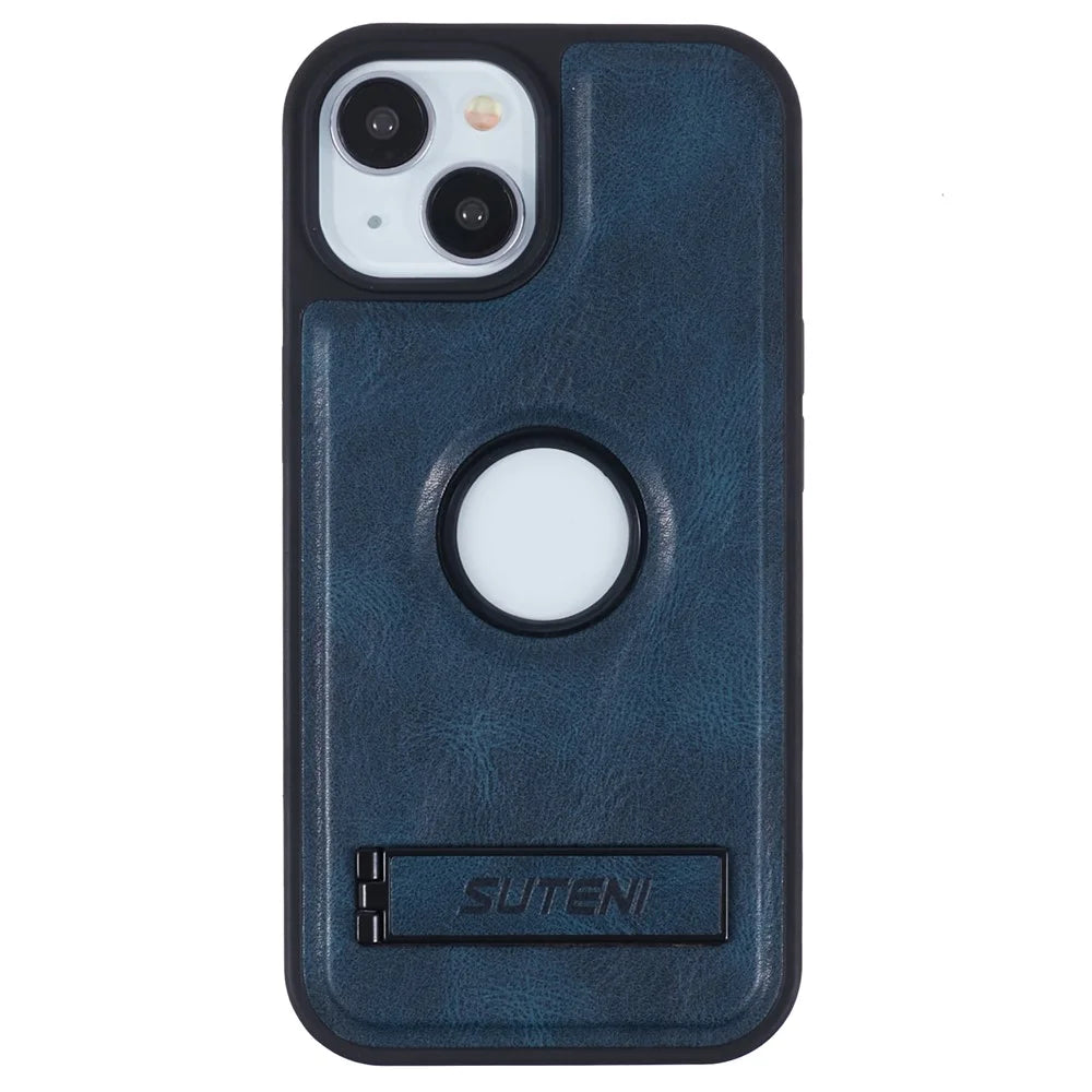 SUTENI G2 For iPhone 14 Magnetic Case Leather Phone Back Cover Waxy Texture Kickstand - Blue - 3