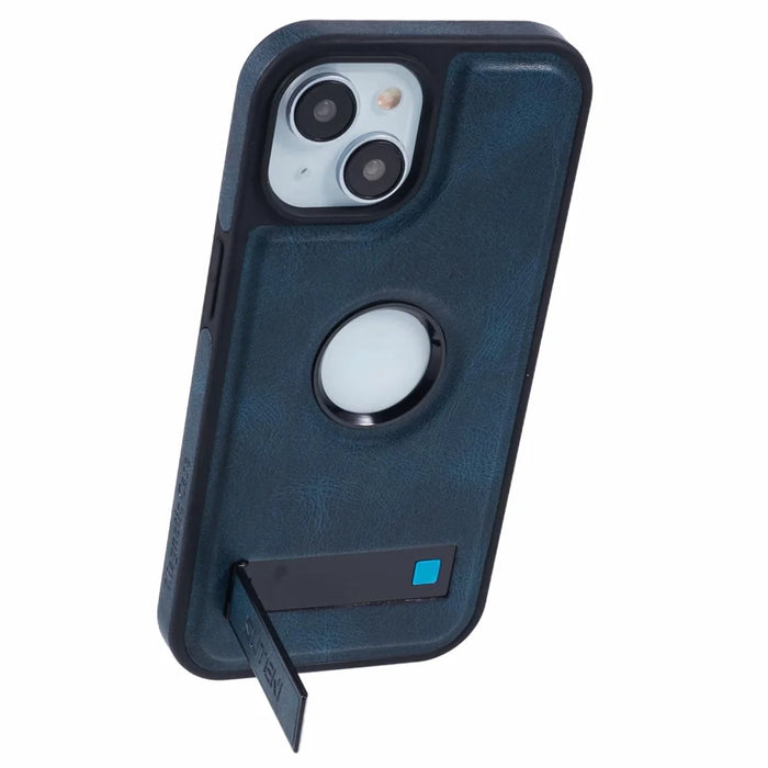 SUTENI G2 For iPhone 14 Magnetic Case Leather Phone Back Cover Waxy Texture Kickstand - Blue - 4