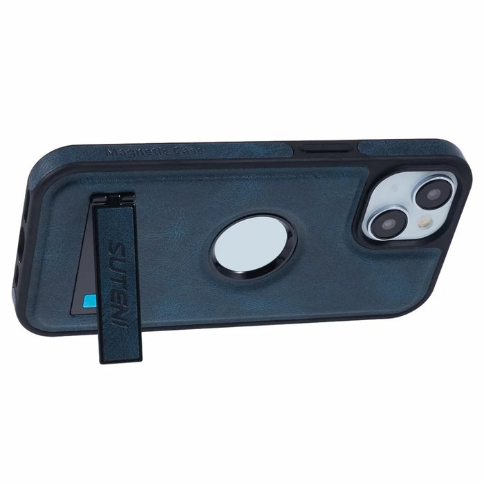 SUTENI G2 For iPhone 14 Magnetic Case Leather Phone Back Cover Waxy Texture Kickstand - Blue - 5