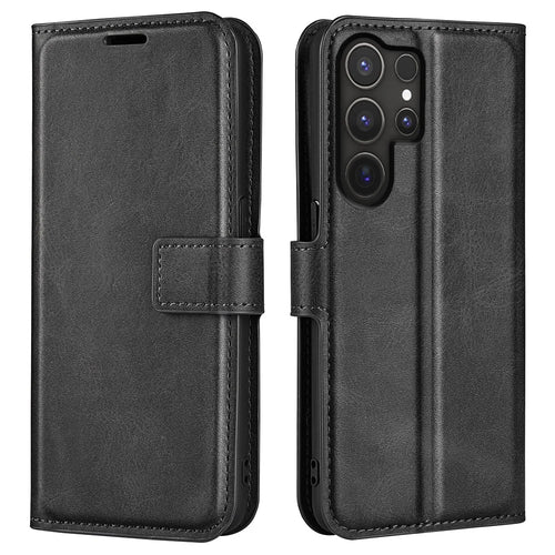 For Samsung Galaxy S25 Ultra Stand Case Anti-Scratch Calf Texture Leather Phone Cover - Black - 1
