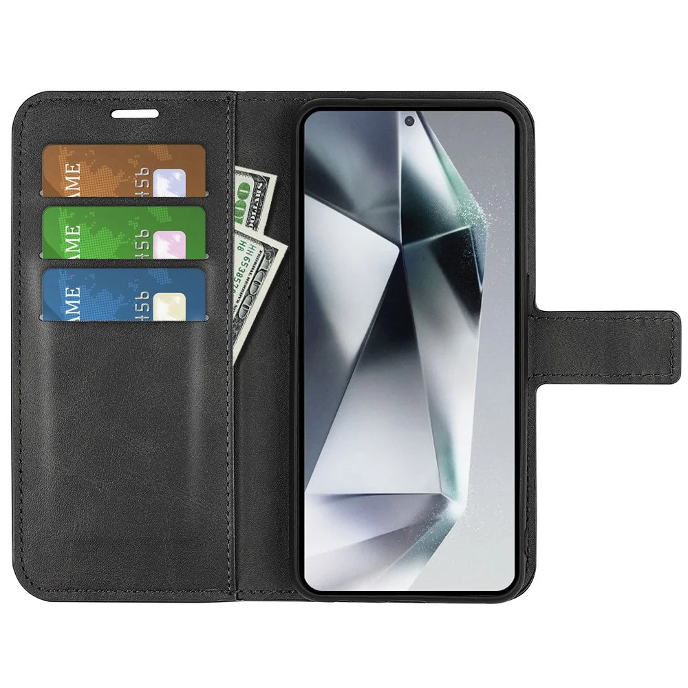 For Samsung Galaxy S25 Ultra Stand Case Anti-Scratch Calf Texture Leather Phone Cover - Black - 2