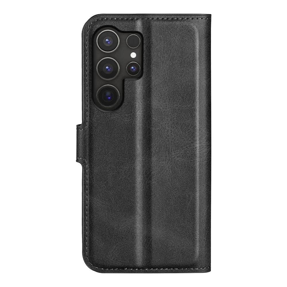 For Samsung Galaxy S25 Ultra Stand Case Anti-Scratch Calf Texture Leather Phone Cover - Black - 6