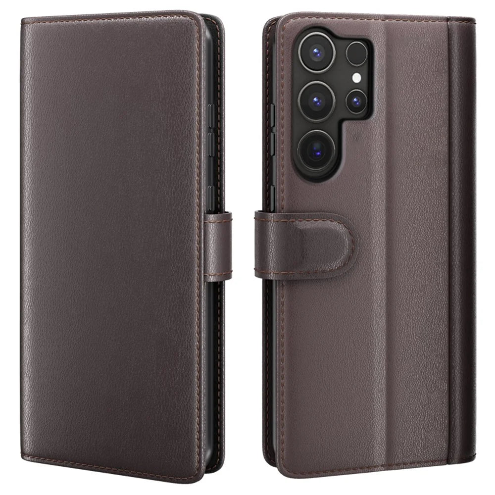 For Samsung Galaxy S25 Ultra Case Genuine Split Leather Phone Cover with Wallet Stand - Brown - 1