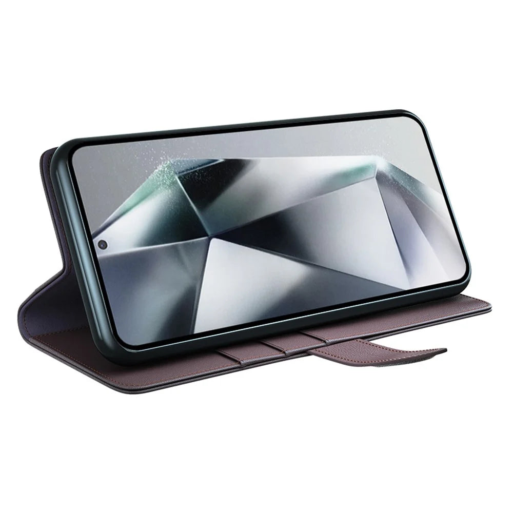 For Samsung Galaxy S25 Ultra Case Genuine Split Leather Phone Cover with Wallet Stand - Brown - 3