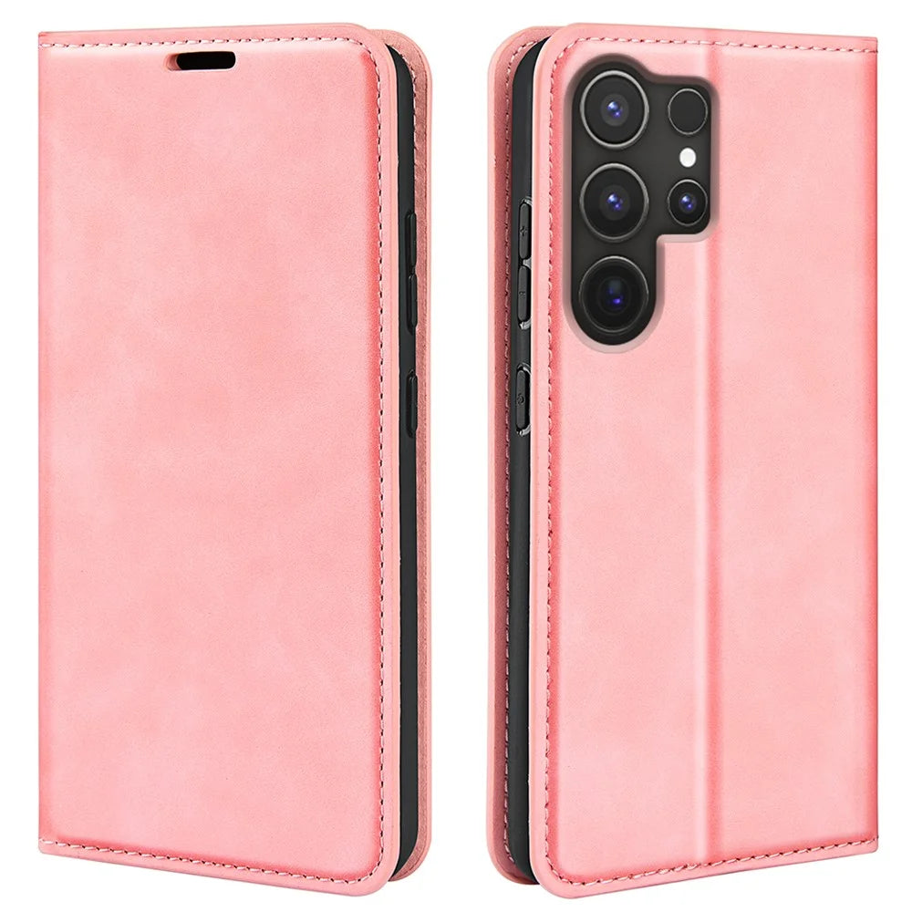 For Samsung Galaxy S25 Ultra Case Skin-Touch Leather Wallet Phone Cover - Pink - 1