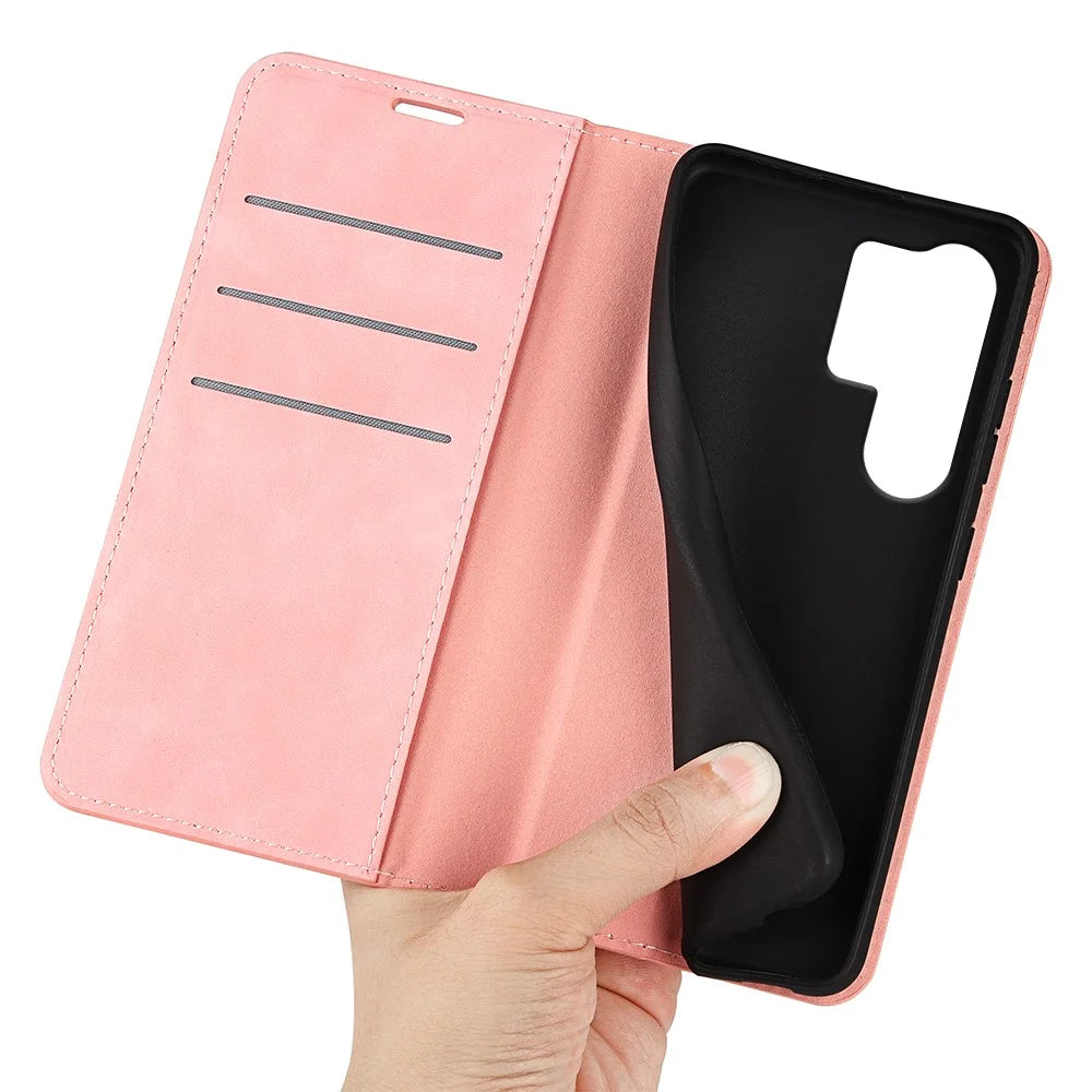 For Samsung Galaxy S25 Ultra Case Skin-Touch Leather Wallet Phone Cover - Pink - 4