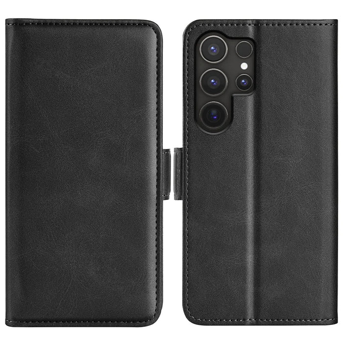 For Samsung Galaxy S25 Ultra Stand Case Calf Texture Leather Wallet Phone Cover - Black - 1