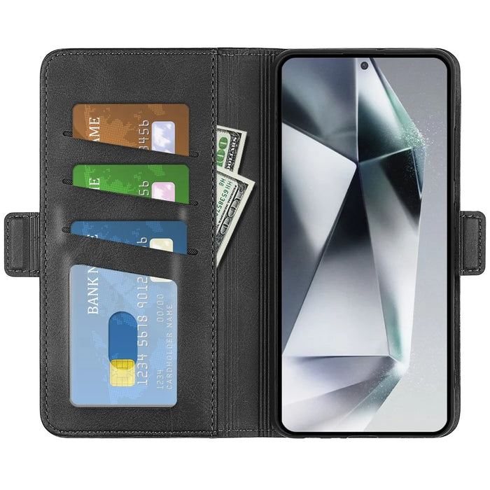 For Samsung Galaxy S25 Ultra Stand Case Calf Texture Leather Wallet Phone Cover - Black - 2