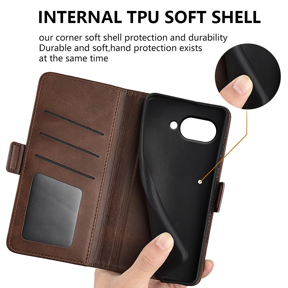 For Google Pixel 9a Stand Case Calf Texture Leather Wallet Phone Cover - Brown - 6