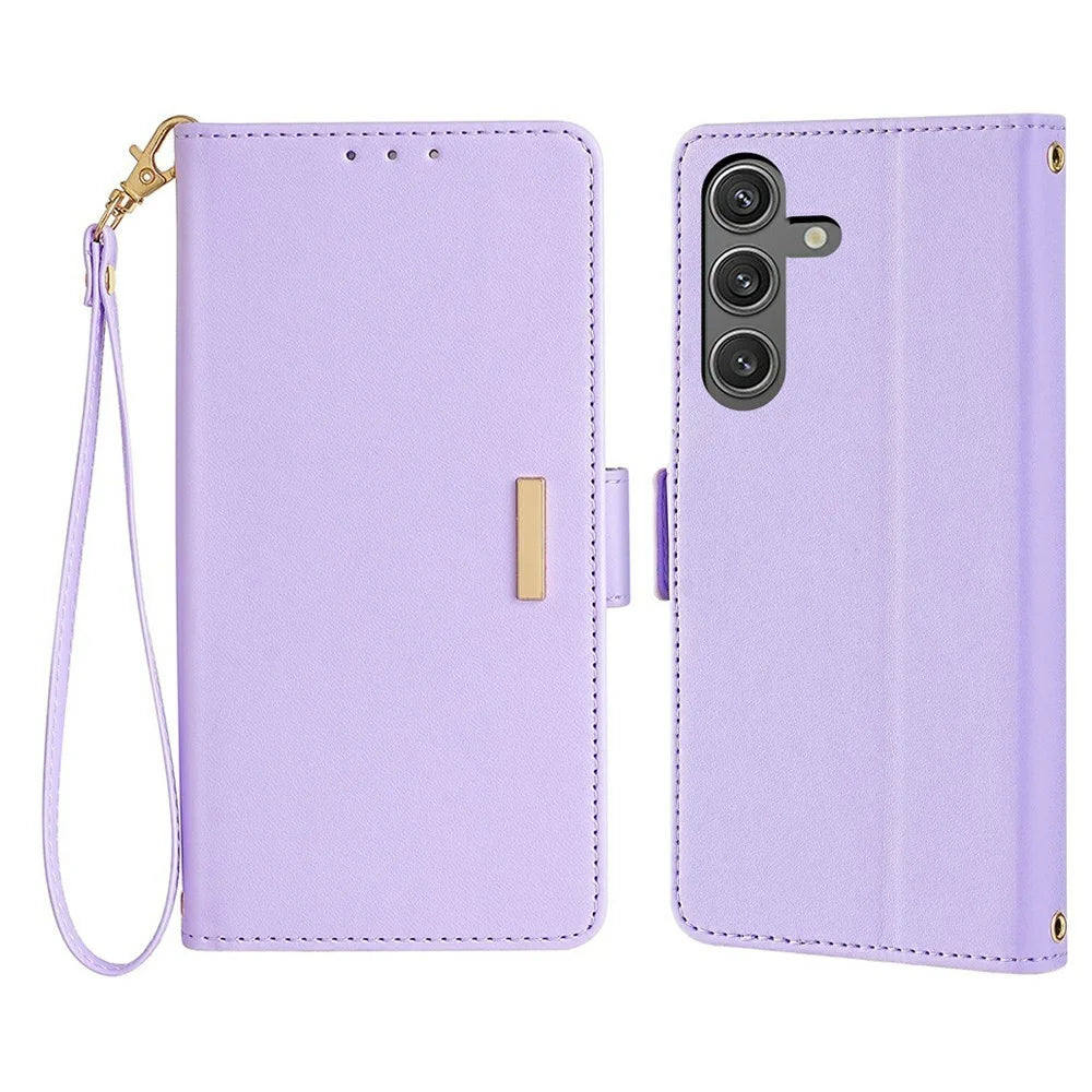 For Samsung Galaxy S25+ Leather Wallet Case RFID Blocking Stand Cover with Hand Strap - Purple - 1