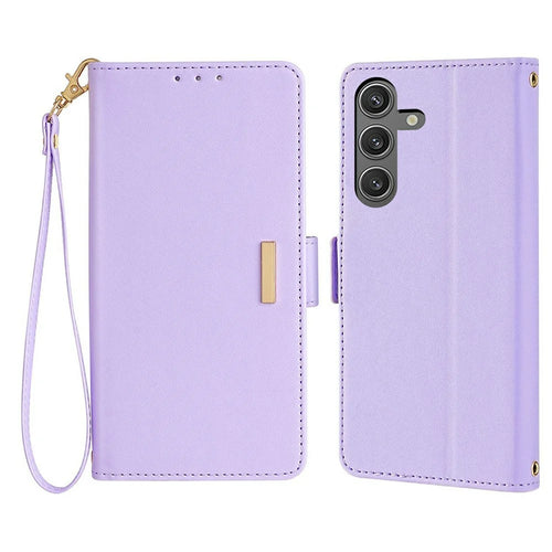For Samsung Galaxy S25+ Leather Wallet Case RFID Blocking Stand Cover with Hand Strap - Purple - 1