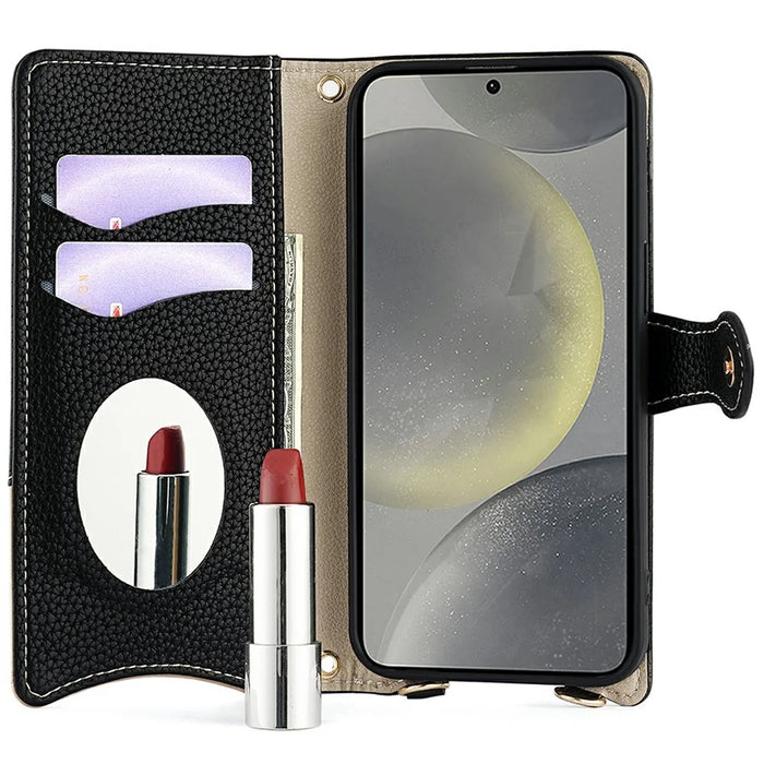 For Samsung Galaxy S25+ Leather Case Wallet Stand Cover Irregular Tail Style with Chain Strap - Black - 2