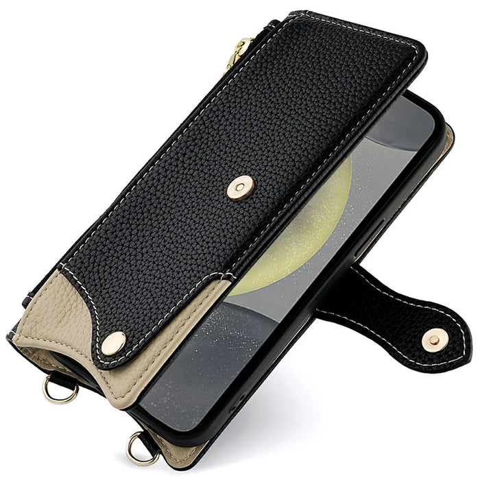 For Samsung Galaxy S25+ Leather Case Wallet Stand Cover Irregular Tail Style with Chain Strap - Black - 5