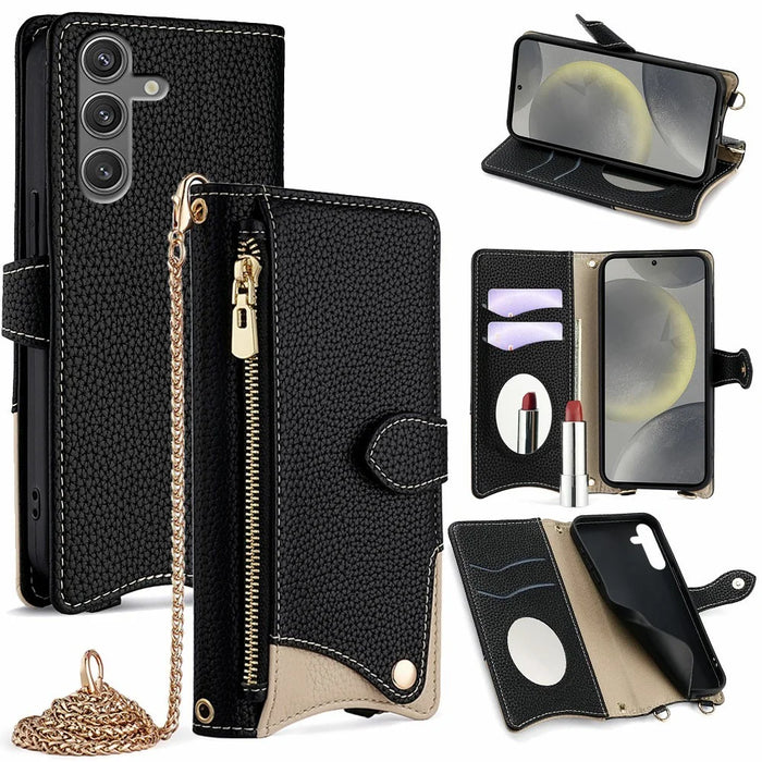 For Samsung Galaxy S25+ Leather Case Wallet Stand Cover Irregular Tail Style with Chain Strap - Black - 7