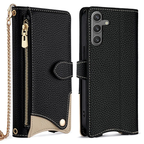 For Samsung Galaxy S25 Leather Case Wallet Stand Cover Irregular Tail Style with Chain Strap - Black - 1