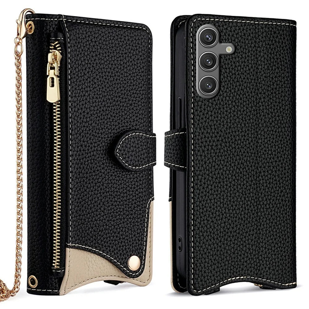 For Samsung Galaxy S25 Leather Case Wallet Stand Cover Irregular Tail Style with Chain Strap - Black - 1