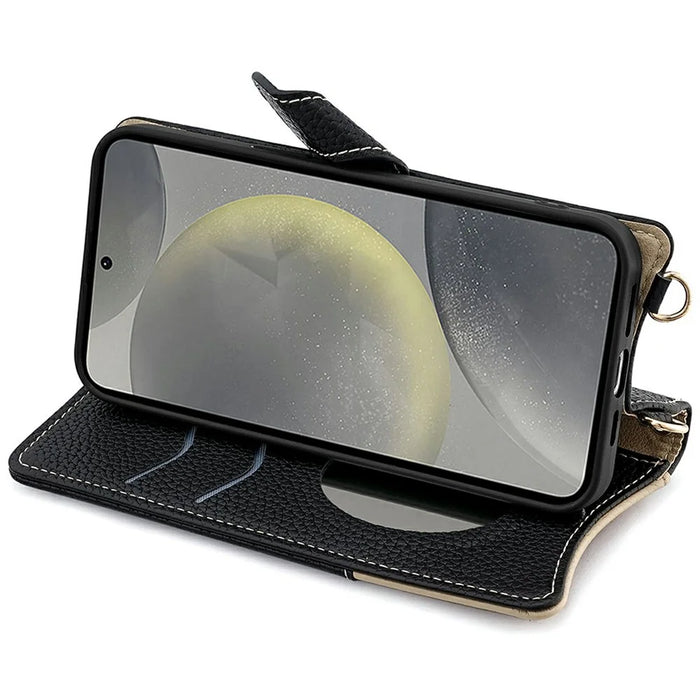 For Samsung Galaxy S25 Leather Case Wallet Stand Cover Irregular Tail Style with Chain Strap - Black - 3
