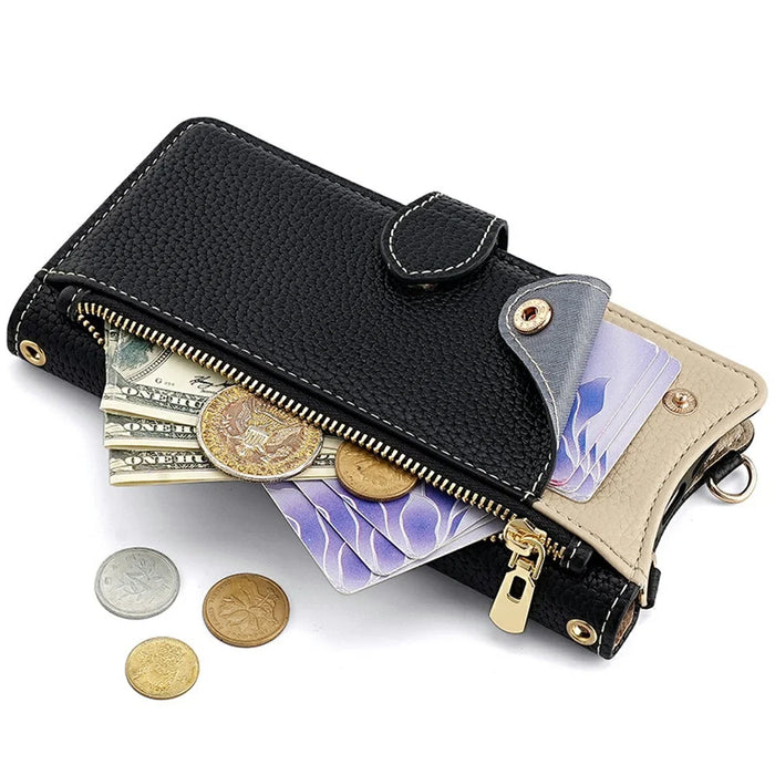 For Samsung Galaxy S25 Leather Case Wallet Stand Cover Irregular Tail Style with Chain Strap - Black - 4