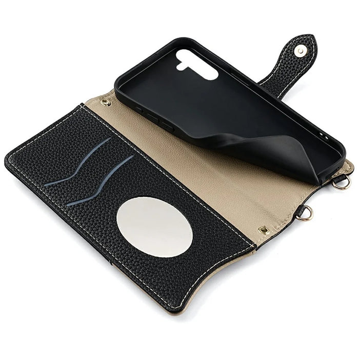 For Samsung Galaxy S25 Leather Case Wallet Stand Cover Irregular Tail Style with Chain Strap - Black - 6