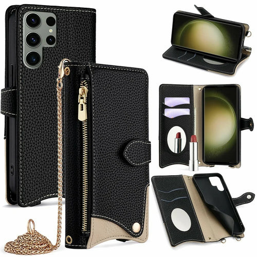 For Samsung Galaxy S25 Ultra Leather Case Wallet Stand Cover Irregular Tail Style with Chain Strap - Black - 1