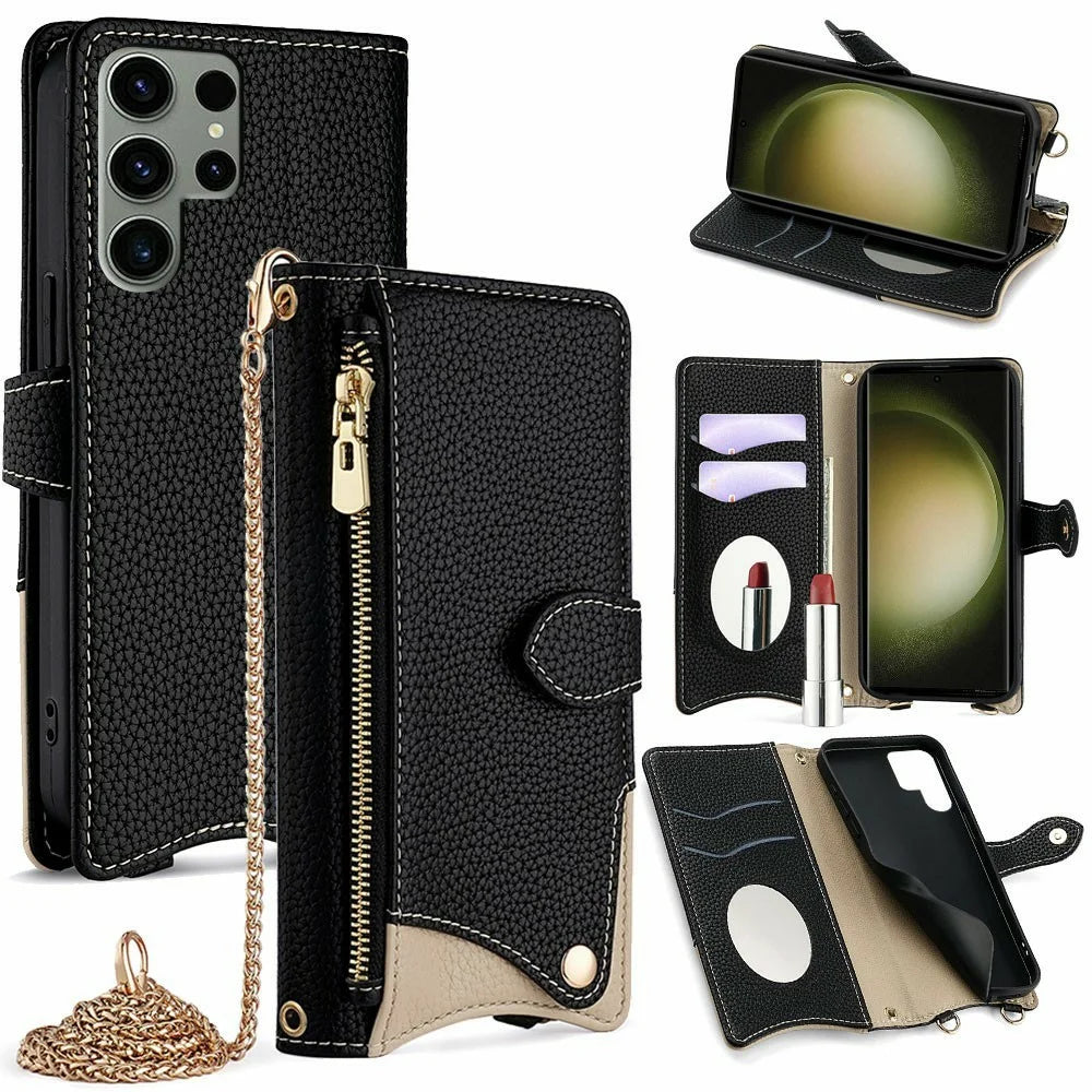 For Samsung Galaxy S25 Ultra Leather Case Wallet Stand Cover Irregular Tail Style with Chain Strap - Black - 1