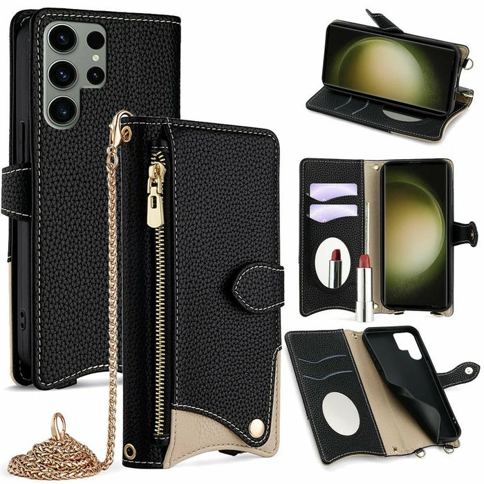 For Samsung Galaxy S25 Ultra Leather Case Wallet Stand Cover Irregular Tail Style with Chain Strap - Black - 1