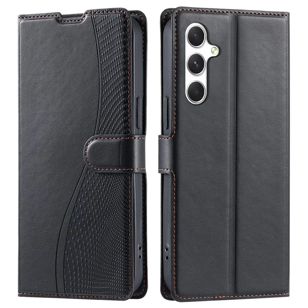 For Samsung Galaxy A35 5G Case Dots Imprinted PU Leather Flip Phone Cover with Card Slot, Strap - Black - 1