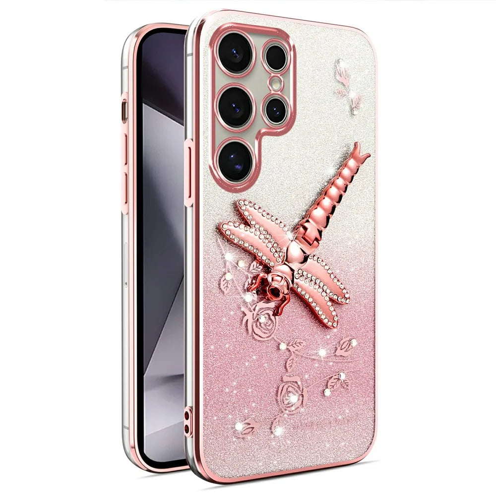 KADEM For Samsung Galaxy S23 Ultra Case Dragonfly Kickstand TPU Flowers Glitter Phone Cover - Pink - 1
