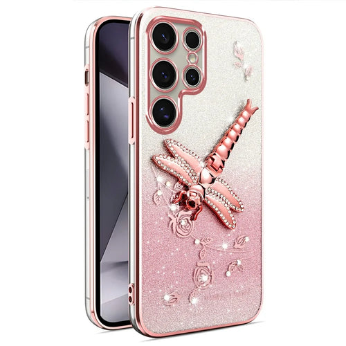KADEM For Samsung Galaxy S23 Ultra Case Dragonfly Kickstand TPU Flowers Glitter Phone Cover - Pink - 1