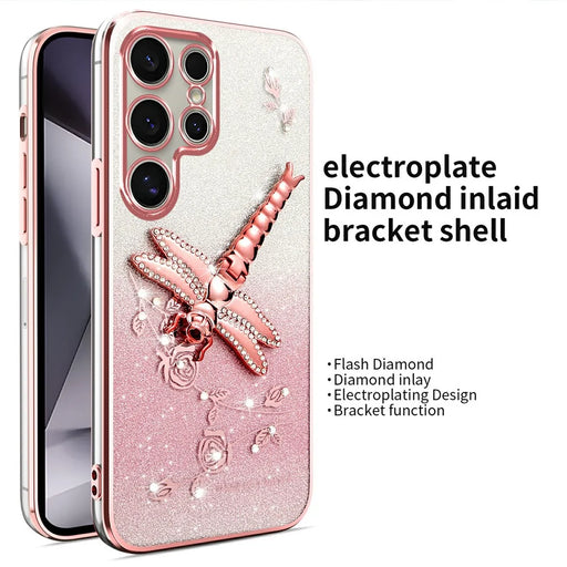 KADEM For Samsung Galaxy S25 Ultra Case Dragonfly Kickstand TPU Flowers Glitter Phone Cover - Pink - 2