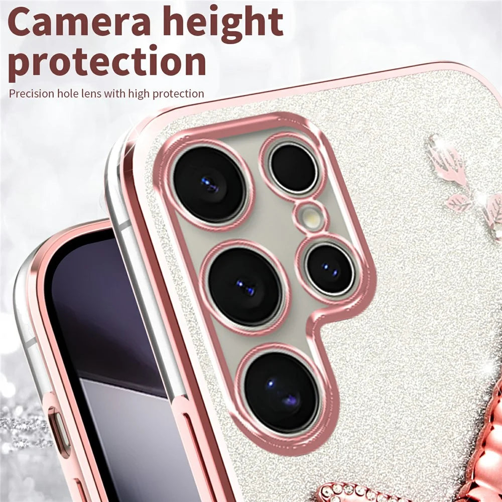 KADEM For Samsung Galaxy S25 Ultra Case Dragonfly Kickstand TPU Flowers Glitter Phone Cover - Pink - 4