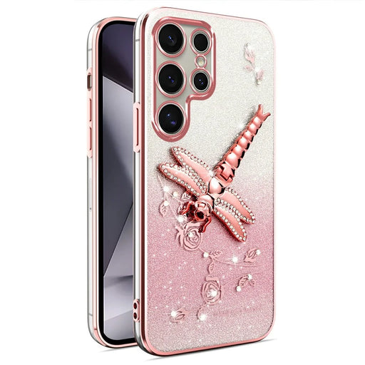 KADEM For Samsung Galaxy S24 Ultra Case Dragonfly Kickstand TPU Flowers Glitter Phone Cover - Pink - 1