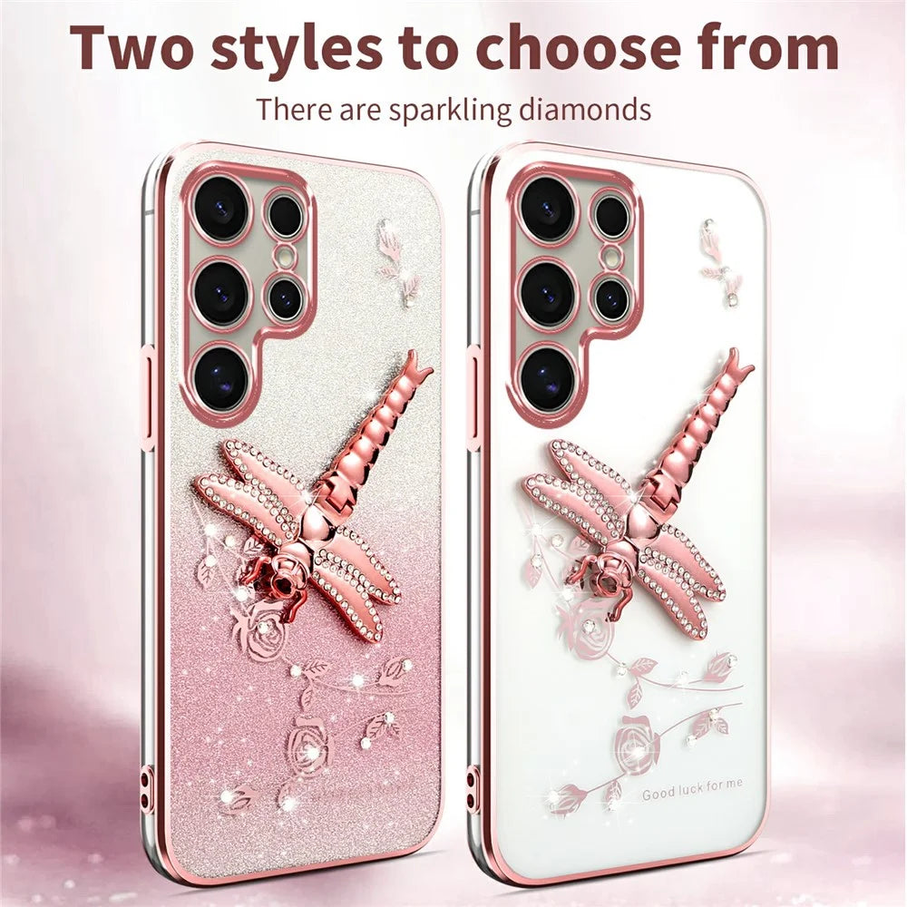 KADEM For Samsung Galaxy S24 Ultra Case Dragonfly Kickstand TPU Flowers Glitter Phone Cover - Pink - 3
