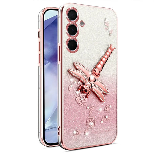 KADEM For Samsung Galaxy A25 5G (Global) (161.0 x 76.5 x 8.3mm) Case Dragonfly Kickstand TPU Flowers Glitter Phone Cover - Pink - 1