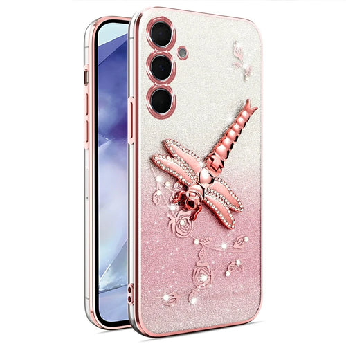 KADEM For Samsung Galaxy A35 5G Case Dragonfly Kickstand TPU Flowers Glitter Phone Cover - Pink - 1