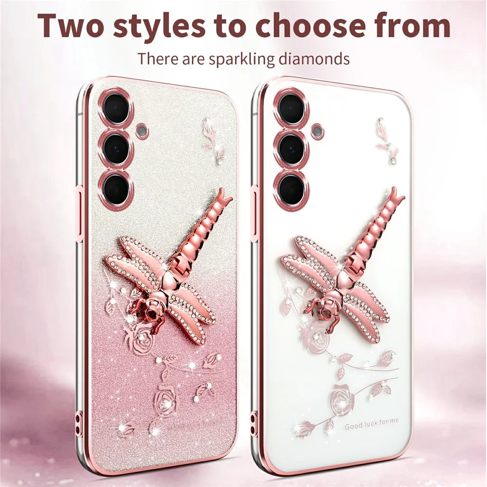KADEM For Samsung Galaxy S23 FE Case Dragonfly Kickstand TPU Flowers Glitter Phone Cover - Pink - 3