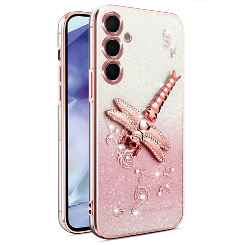 KADEM For Samsung Galaxy A15 5G  /  4G Case Dragonfly Kickstand TPU Flowers Glitter Phone Cover - Pink - 1
