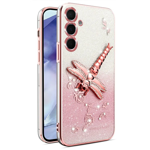 KADEM For Samsung Galaxy S24 FE Case Dragonfly Kickstand TPU Flowers Glitter Phone Cover - Pink - 1